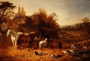 Horses, Pigs, Poultry, Duck and Cattle in a Farmyard