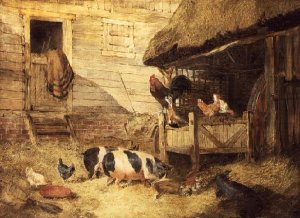 Farmyard with Horses and Chickens