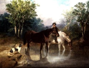 Two horses, a man and a dog by a stream