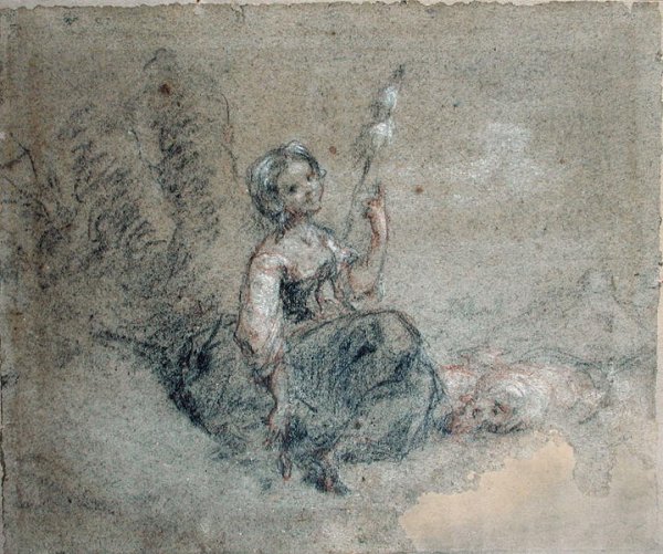 A Young Shepherdess Spinning