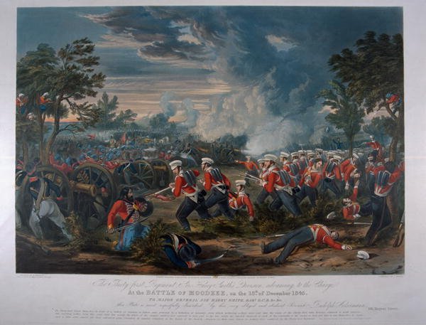 The 31st Regiment, Sir Harry Smiths Division advancing to the charge at the Battle of Moodkee 18th December 1845, published by Rudolph Ackermann, 18th June 1848