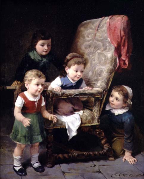 Children playing round a chair