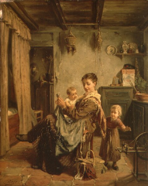 Cache-Cache, an interior with mother and child