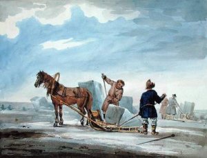 Transporting Ice by Horsedrawn Sledge