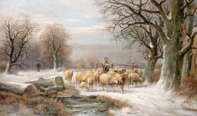 Shepherdess with her Flock in a Winter Landscape