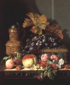 Still life of fruit and roses on a ledge