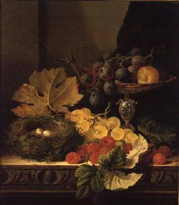 A Still Life of a Birds Nest Grapes in a Silver Dish and other Fruit