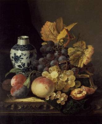 Grapes Peaches Plums and Currants with a Blue and White Vase