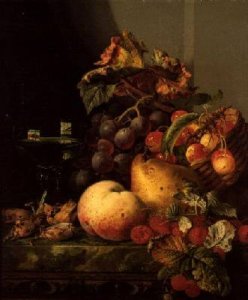 A Still Life of a Glass of Wine Cherries and other fruit on a Ledge