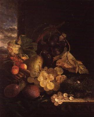 A Still Life with a Basket of Fruit and a Birds Nest on a Wooden Ledge