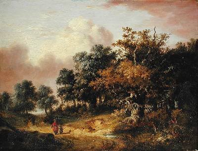 Wooded Landscape with Woman and Child Walking Down a Road