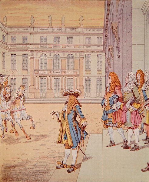 Louis XIV in the courtyard of Versailles uttering his celebrated phrase Jai Failli Attendre