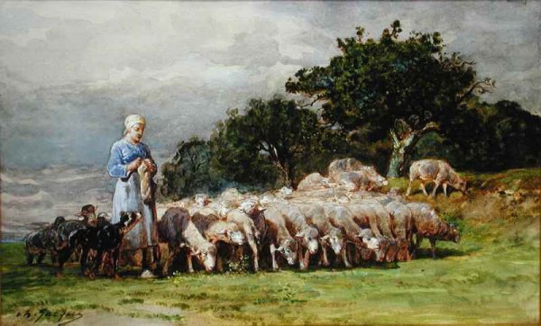 A Shepherdess with a Flock of Sheep