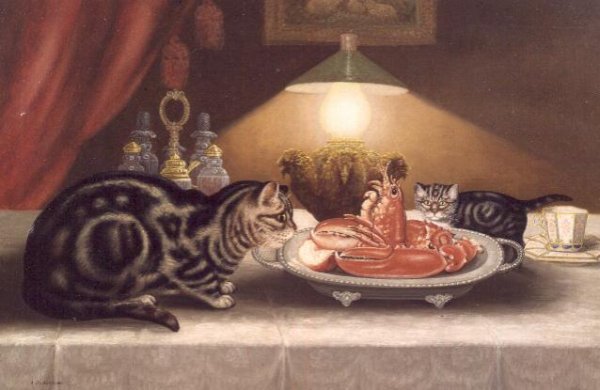 Still Life of Cats and a Lobster