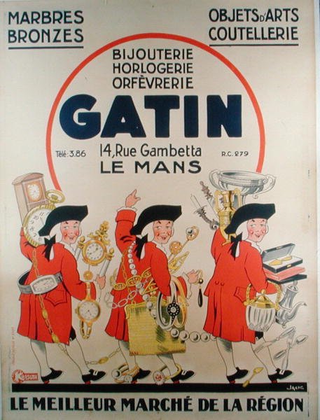 Poster advertising the antiques dealership Bijouterie Gatin Le Mans