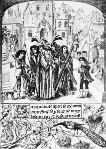 Fabled Origin of the Burgundy Cross Etienne a legendary King of Burgundy makes a pilgrimage to St Victor of Marseilles to whom he has carried the Cross of St Andrew out of gratitude to St Mary Magdalene who had raised him and his mother