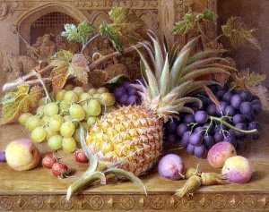 A Still Life of a Pineapple Grapes Peaches Strawberries and Hazelnuts on a Dresser