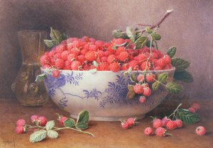 Still Life of Raspberries in a Blue and White Bowl