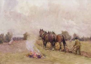 Ploughing Scene with Fires in a Field