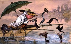 Cormorants presenting fish to a pelican in a punt under an umbrella from The Dream of the Fisherman