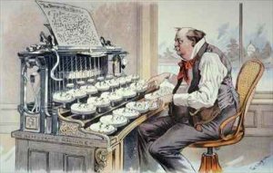 The Administration Typewriter cartoon for Judge magazine showing Grover Cleveland constructing his platform for his second term in office