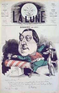 Front cover of La Lune magazine featuring a caricature of Rossini with a message and autograph of the composer