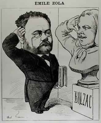 Caricature of Emile Zola 1840-1902 Saluting a Bust of Honore de Balzac 1799-1850