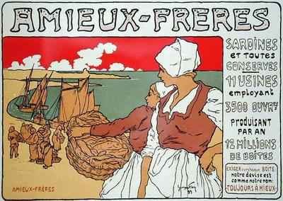 Reproduction of a poster advertising Amieux Freres producers of sardines and all preserves