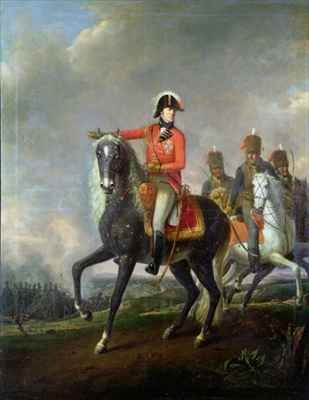 Equestrian portrait of the Duke of Wellington with British Hussars on a battlefield