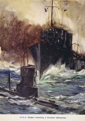 HMS Badger ramming a German submarine