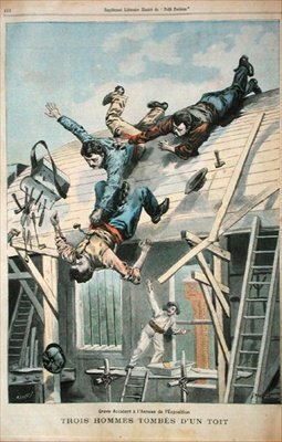 Three men falling from a roof