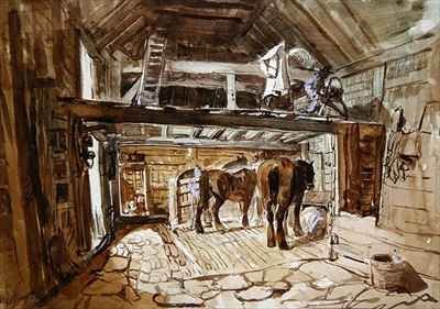 Interior of a Stable, with Two Horses Feeding