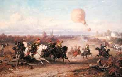 Prussian Hussars firing at a French Observation Balloon