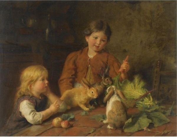 Children Feeding Rabbits