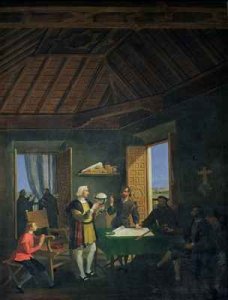 Conversation in the Franciscan Monastery of Santa Maria de La Rabida between the navigator Christopher Columbus (1451-1506), the physician Garcia Fernandez, the priest Juan Perez and Alonzo Pinzon