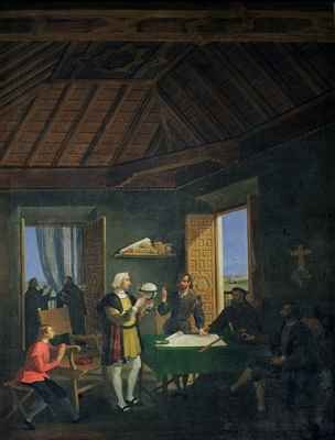 Conversation in the Franciscan Monastery of Santa Maria de La Rabida between the navigator Christopher Columbus (1451-1506), the physician Garcia Fernandez, the priest Juan Perez and Alonzo Pinzon