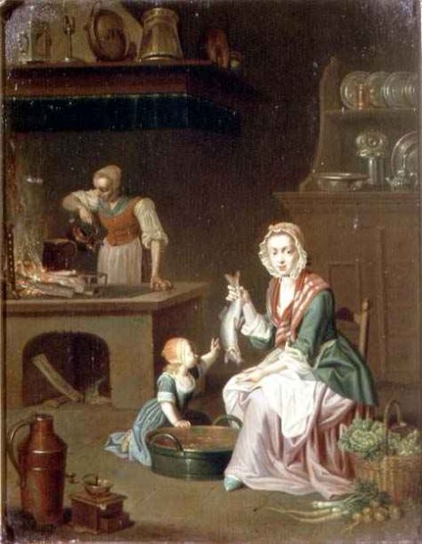 Kitchen interior with a woman showing a fish to a child and a servant by a stove