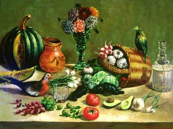 Still life with Pigeon, Parakeet and Vegetables