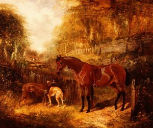 A saddled bay pony and greyhounds in a wooded river landscape