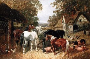 Four Horses, Pigs and Poultry in a Farmyard