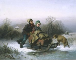 A Boy Pushing a Young Girl in a Sledge