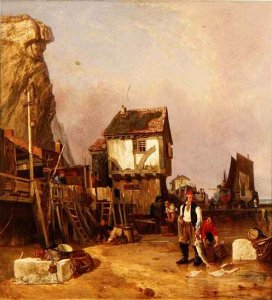 Fisherfolk with their catch by a quay