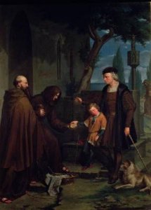 Christopher Columbus at the gates of the monastery of Santa Maria de la Rabida with his son Diego giving bread and water 1858