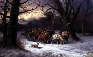 Horses Pulling a Log Cart in a Winter Landscape