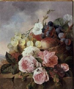 Still life of fruit and roses on a ledge