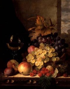 A Still Life with Grapes Raspberries and a Glass of Wine