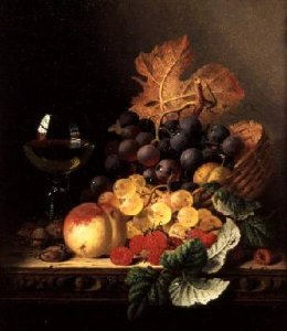 A Basket of Grapes Raspberries a Peach and A Wine Glass on a Table