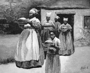 Until dinner began to come in across the yard slaves carry a prepared meal from a cookhouse to a plantation mansion