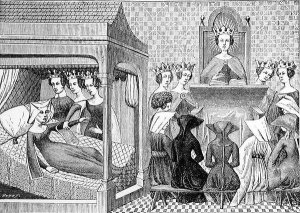 The Three Virtues Reason Uprightness and Justice urge Christina de Pisan c1364-1410 to write a Book of Ethics for the Instruction of Ladies