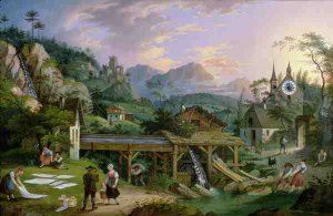 Picture Clock with scene of an Alpine village landscape with clock mechanism in church tower